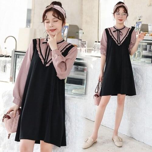 1931# Maternity Clothes Spring Autumn Cotton False Two-piece Loose Stylish Dress for Pregnant Women Mom Dress