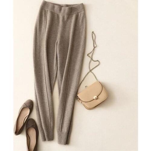 Pure cashmere knit women straight pants high waist tighten trousers mouth ankle-length M/L