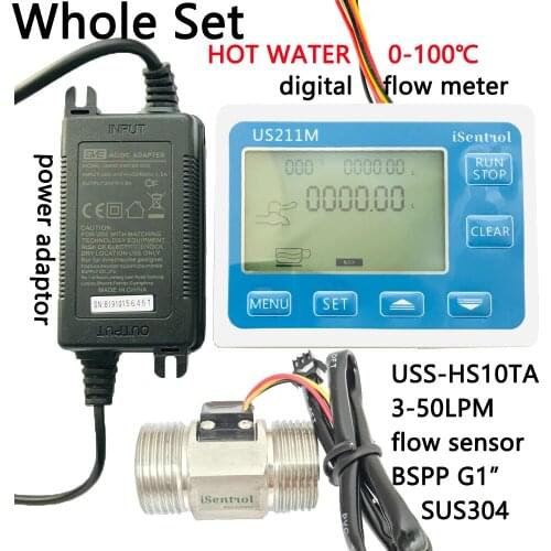 Hot Water US211M Digital Water Flow Meter with SUS304 Stainless Steel G1" USS-HS10TA 3-50L/min Hall Water Flow Sensor Reader