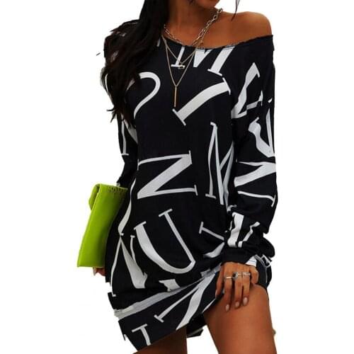 Elegante O-hals Lange Mouw Sweater Jurk Casual Herfst Off Shoulder Vrouwen Mini Jurken 2021 Mode Brief Afdrukken Losse Jurk