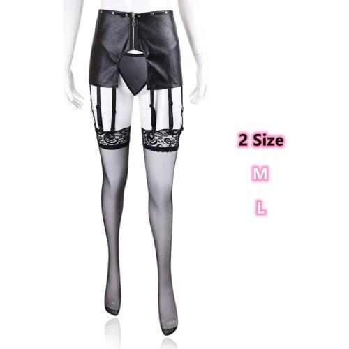 Erotic Fetish Costumes of Leather Spanking Skirt with Garter Stocking and Thong for Lesbian Chastity Belt Bdsm Night Club Wear