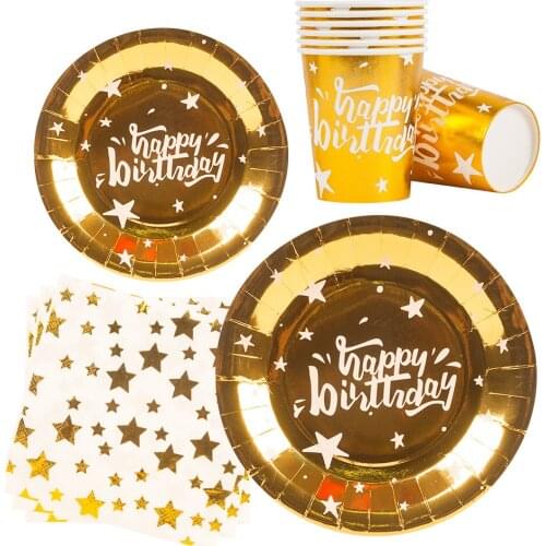 Fold Gold Star Print Tableware Kit Paper Plate Napkin Cup for Home Birthday Party Disponsable Set