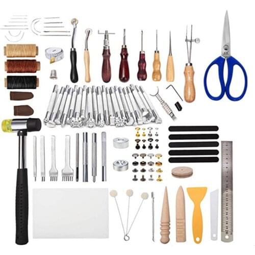 Leather Working Tools 194 PCS Leather DIY Craft Stamping Tools with Cutting Mat Snaps and Rivets Kit Stitching Groover