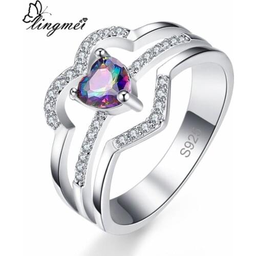 Lingmei Wedding Rings for Women Heart Fashion Zircon Multi White Jewelry Silver Color Ring Size 6 7 8 9 Birthstone Christmas New