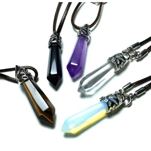 Leather Necklaces Crystal Pendants Natural Gem Stone Quartz Bullet Hexagonal Pendulum Reiki Chakra Gift Set for Making Jewelry