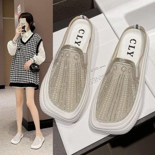 Women Mules Sandal Fashion Bling Mesh Slippers Women Comfort Low-heel Slides Slip on Casual Summer Slippers Slides Women