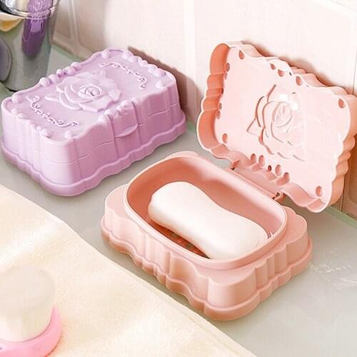 Rose Carved Portable Soap Dish Box Case Holder Wash Dust-proof Shower Home Bathroom Accessories Set Dish 3 Color New Arrive