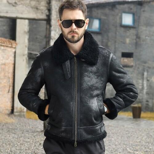New Mens B3 Shearling Jacket Black Leather Jacket Short Fur Coat Fashion Motorcycle Jacket Thicken Sheepskin Coat