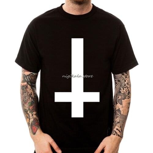 Inverted Cross T Shirt men Hipster Goth Emo Biker Punk Atheist Satanic Pentagram casual tee USA size S-5XL