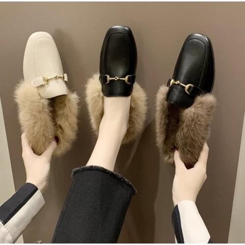 Plush Women Mules Slippers Slip On Warm Woman Slipper Faux Fur Flat Shoes Square Toe Female Ladies Fashion Winter Slides Casual