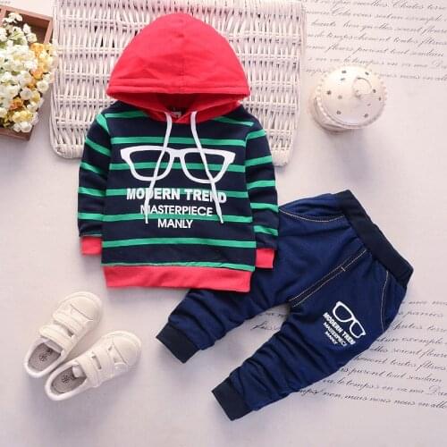 Spring and Autumn New Childrens Wear Boy Striped Alphabet Hooded Long Sleeve Shirt + Trousers Set Kids Suits 0-4 Ages