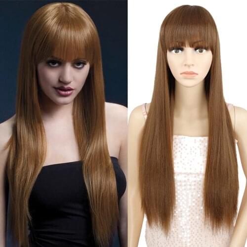 AZQUEEN Long Straight Wig with Bangs Synthetic Brown for Women Heat Resistant Fiber 30 Inch Daily Party Cosplay Wigs