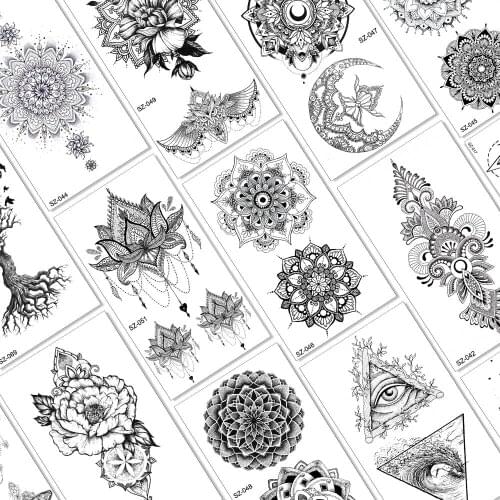 Qucious Mandala Flower Temporary Tattoos Black Henna Waterpoof Realistic Sheet Sticker Fake Body Art Legs Wasit Tattoo For Women