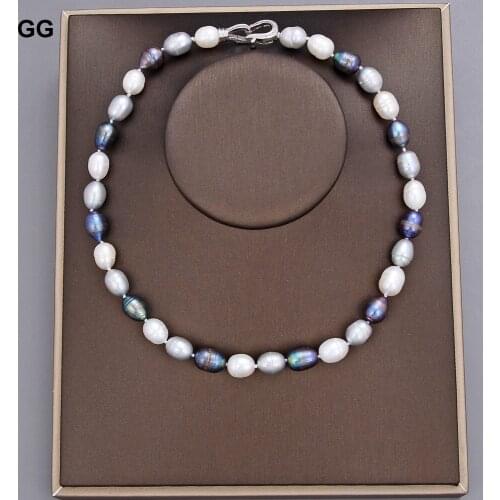 GuaiGuai Jewelry Freshwater Black Gray White Rice Pearl Mixed Color Pearl Necklace For Women 17"
