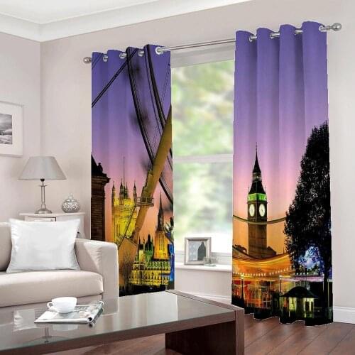 European Style clock Architecture night scene photo window curtains for Living room bedroom Polyester Fabric Drapes Sets