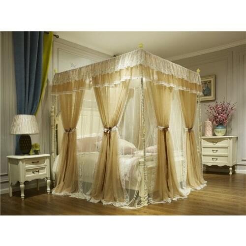 Yellow Mosquito Net Princess Lace Four Corner Post Student Canopy Bed Mosquito Net for Full Queen King Bed Drop Shipping