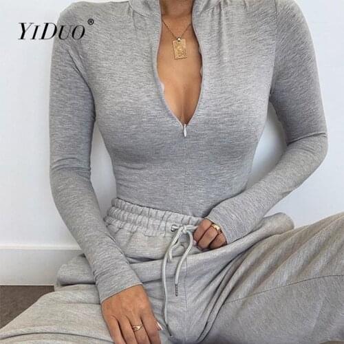 YiDuo Long Sleeve Front Zipper V Neck Women Sexy Body Top Jumpsuit 2021 Spring Stretchy Casual Bodysuit Streetwear Black Grey
