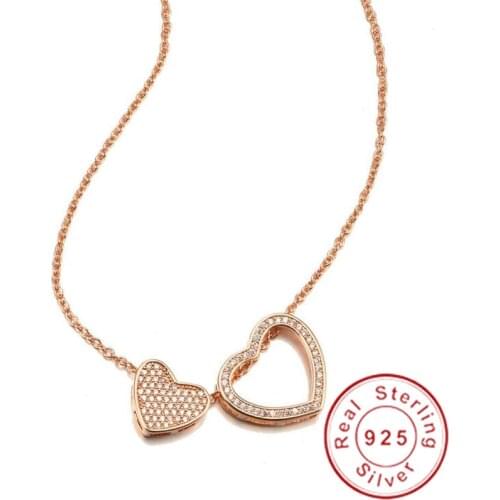 Double Heart 18K Rose Gold Diamond Pendant 925 Sterling Silver Party Wedding Pendants Necklace For Women Bridal Charm Jewelry