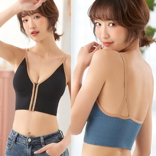 Women Sexy V-Neck Zipper Front Camisole Contrast Color Trim Backless Tank Top Spaghetti Strap Ribbed Sports Bralette