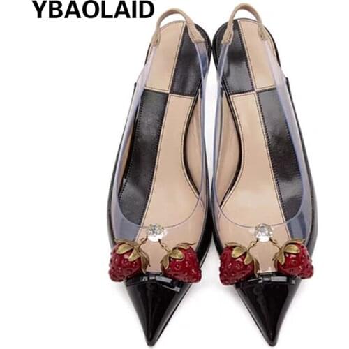 Baotou Strawberry Decoration Transparent Bamboo Heel Rhinestone Single Shoes Womens New Pointed Elastic Band Sling Heel Sandals