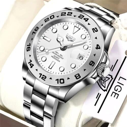 2021 LIGE New Mens Quartz Watch Luminous Date Sports Mens Watches Stainless Steel 30M Waterproof Watch for Men Gift Relogio+Box