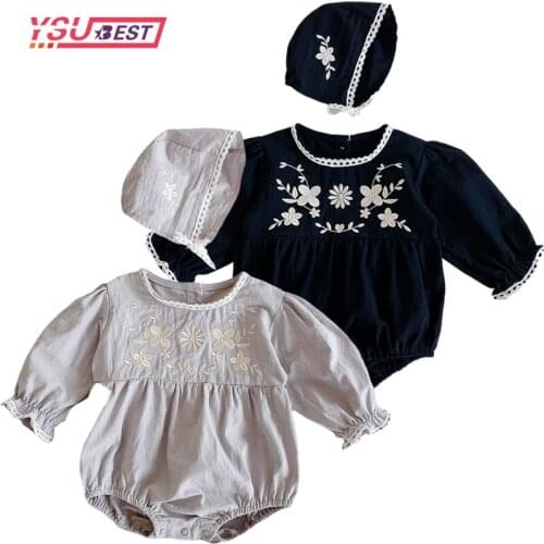 Baby Spring Autumn Clothing Infant Newborn Baby Girls Bodysuit Cotton Clothes Outfit Embroidery Baby Jumpsuit Playsuit + Hat
