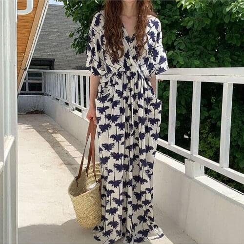 Korea Chic Retro Elegant Thin V-Neck Cross Design Lace Waist Pocket Printed Short-Sleeved Dress Female