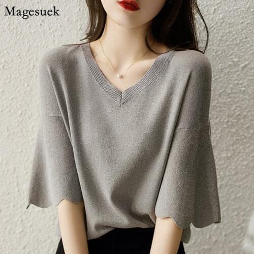 Ice Silk Summer Knitted Tops Lady Petal Short Sleeve V-neck Woman Shirt Plus Size Loose Korean Style Thin Womens Blouse 14799