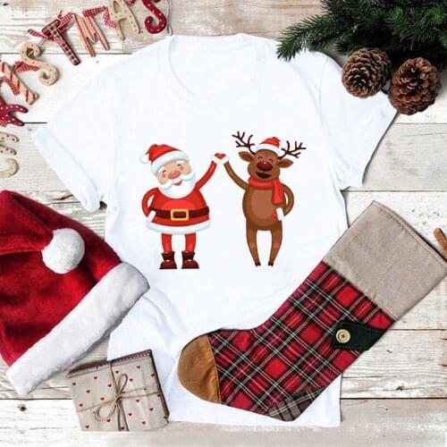 Funny Santa Claus And Elk Cute Clothing Merry Christmas Tee for Women Lady Cartoon Print Tshirt Top Graphic Female T-shirt