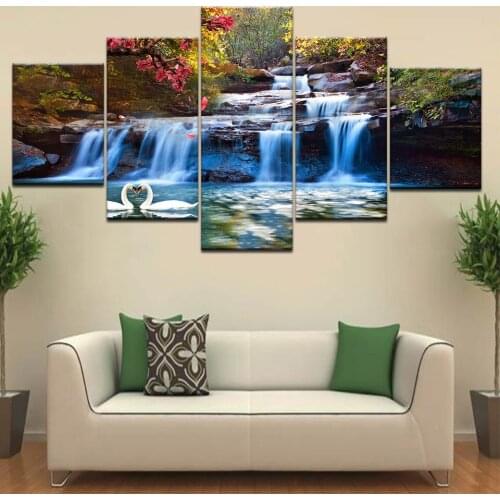 Wall Art Canvas Paintings HD Prints Waterfall landscape Pictures Forest tree Lake water 5 Pieces Living Room Home Decor Posters