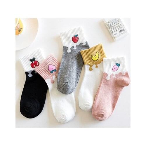 Girls Socks Summer Low Cut Socks Set 5 Pairs Women Comortable Footwear Anti-Slip Mujer Cartoon Fruit Printed Socks