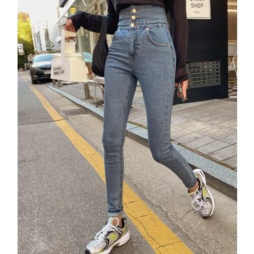 SHIJIA New Chic Skinny Jeans For Woman High Waist Elastic Denim Pencil Pants Female Trousers Korean Trousers Three Button