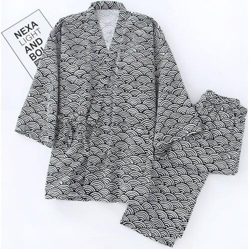 Couple 100% Cotton Yarn Pajamas Long Sleeved Trousers Sleepwear Japanese Kimono Sleeping Clothes Loose Thin Plus Size 2 Piece