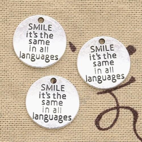 10pcs Charms Smile Its The Same In All Languages 20x20mm Antique Bronze Silver Color Plated Pendants Making DIY Tibetan Finding