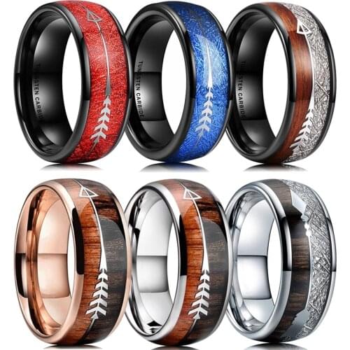Luxury Men Black Tungsten Carbide Ring Red Meteorite Koa Wood Inlaid Ring Slivery Arrow Dome Polished 8MM Men Wedding Band