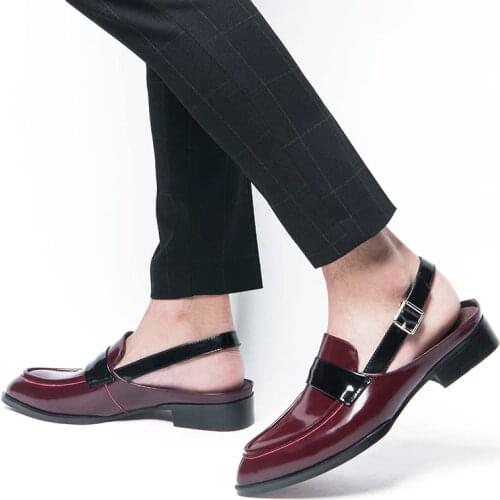 Rome Style Genuine Leather Men Close Toe Buckle Belt Sandals Trendy Square Heel Pointed Toe Sandal Man Summer Heels