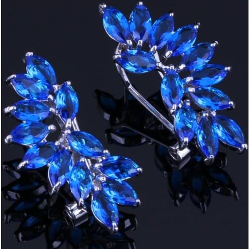 Brilliant Ear Shaped Blue Cubic Zirconia Silver Plated Clip Hoop Huggie Earrings V0889