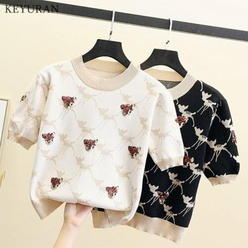 Knitted T Shirts Summer 2021 Women Tops Tee Basic TShirt Female Sequined Gold Thread Fawn Jacquard O-Neck Short Sleeve Knitwear