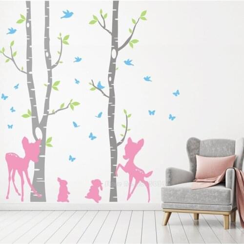 Fawn Bunny Tree Wall Stickers Vinyl Wall Decals Girls Women Flower Mural Vinyl Wallpaper Living Room Bedroom Home Decor LL988