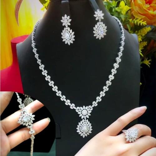 KellyBola Jewelry Fashion Luxury Zircon Necklace Bracelet Earring Ring Set Female Bride Wedding Banquet Exquisite Jewelry