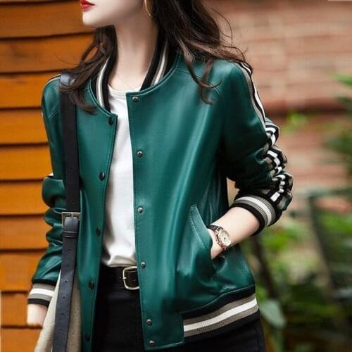 Sheepskin Tops Short Cropped Jacket Women 2021 New Spring Autumn Genuine Leather Jacket Contrast Color Baseball jacket Female