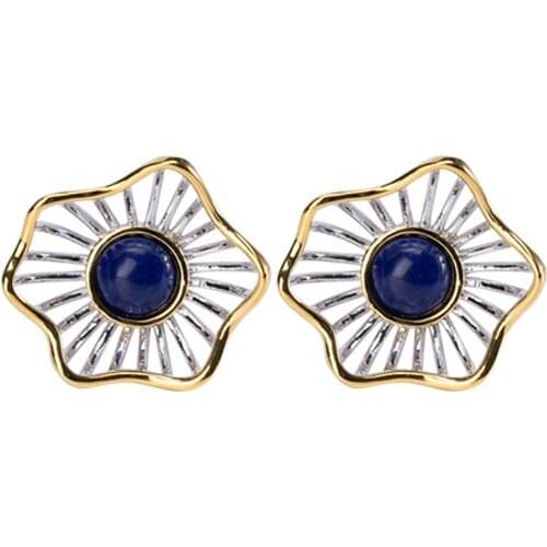 Lapis Lazuli 925 Sterling Silver Earrings Simplicity Versatile Silver 925 Earrings Hollow Out Flower Retro Stud Earrings Female