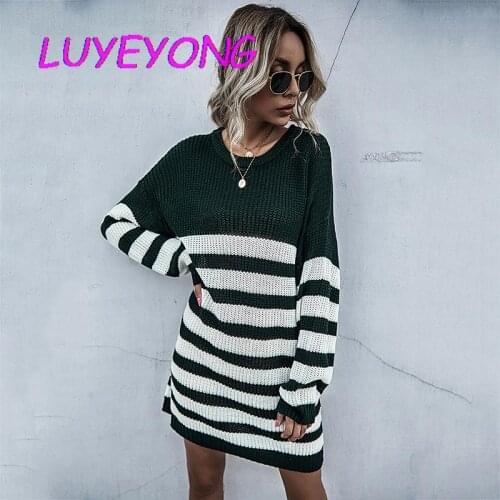 Black White Striped Goth Women Long Sweater 2020 Autumn Lady O Neck Thin Pullover Contast Color Sweaters Hipster Knitted Dress