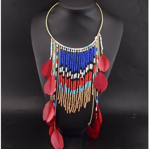UKEN Bohemian Multicolor Beaded Feather Pendants Necklaces Ethnic Jewelry Women Long Resin Hanging Bead Statement Necklaces