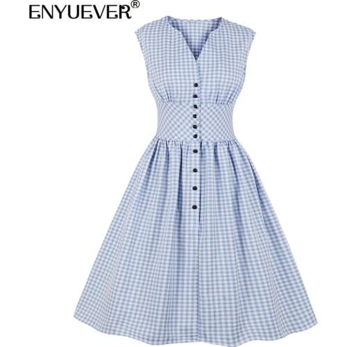 Enyuever Blue Plaid Dress Women Summer Clothing Button V Neck High Waist Robe Pin Up Swing Flare Holiday Party Casual Dresses