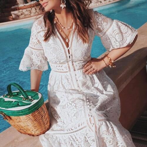Bohemian Beach Long Dress Lace Hollow V Neck Flare Short Sleeve Long Maxi Dresses Women White Dress Holiday Vacation Sundress