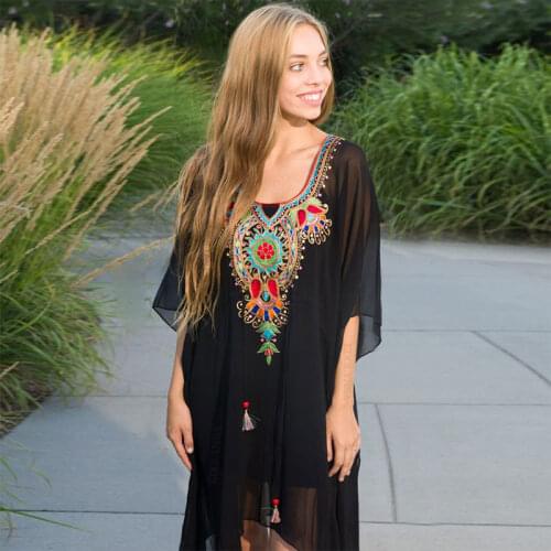 2021 Bohemian Black Embroidered Summer Beachwear Chiffon Kaftan Beach Woman Tunic Bath Dress Robe plage Swim Wear Cover Up Q960
