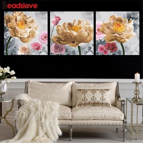 3 PCS 5D round square diamond embroidery Peony rose landscape full sets diamond painting mosaic pictures rhinestones icon