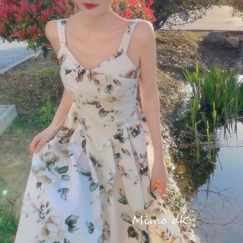 Bella French Vintage Strap Floral Dress Women Elegant Sexy Party Backless Midi Dresses Retro Sweet Holiday Print Dress Summer