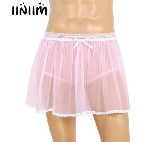 Men Adults Exotic Lingerie Briefs Elastic Lace Waist See Through Sheer Ruffled Underpants Sissy Crossdress Short Skirt Panties